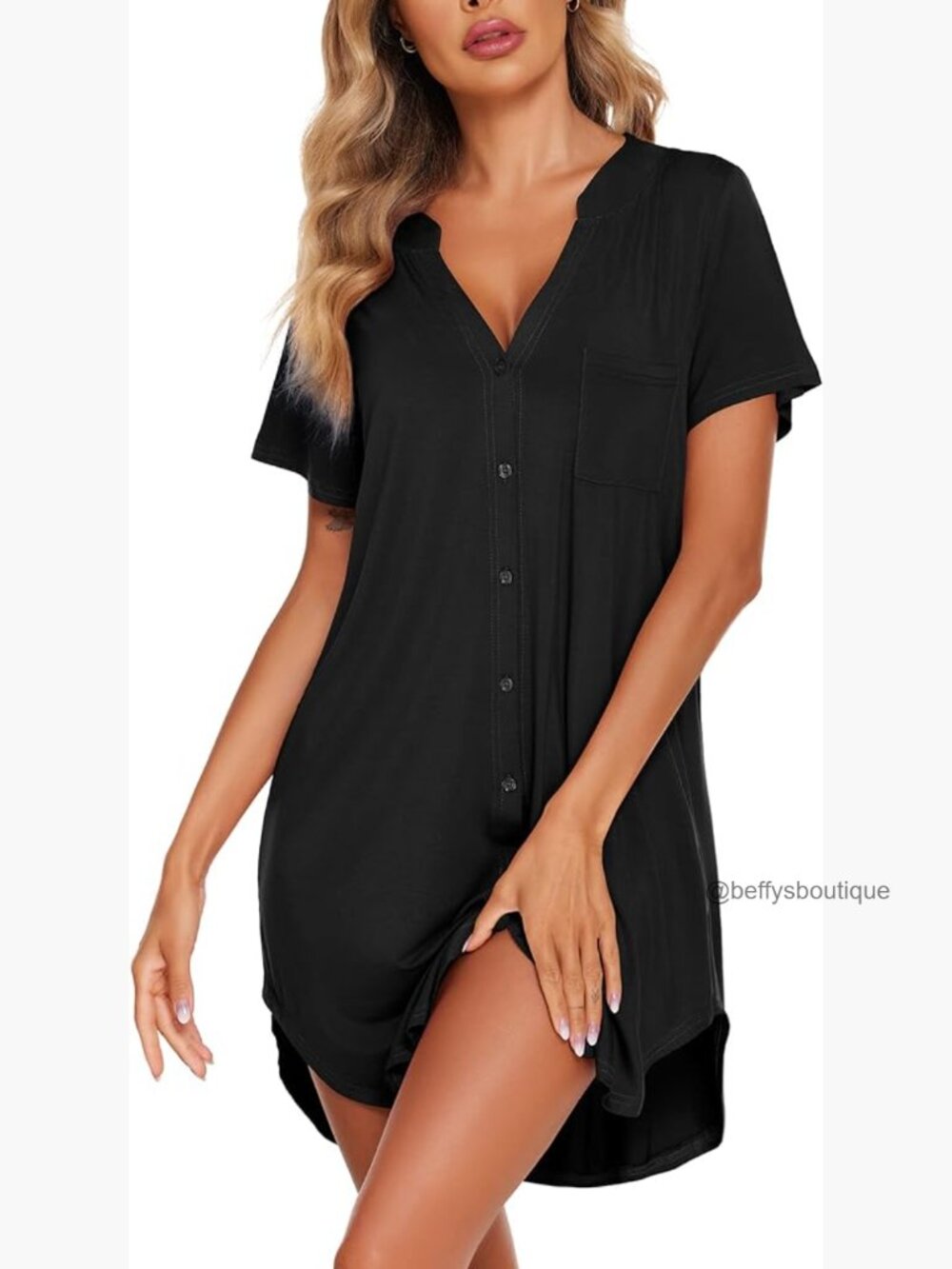 V Neck Button Down Short Sleeve Nightgown Sleepshirt Soft Loungewear
